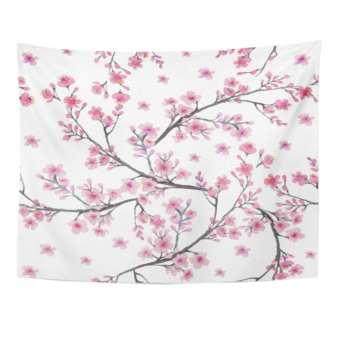 3D Tapestry Green Abstract with Branch of Cherry Blossom Flowers
